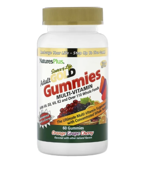 NaturesPlus, Source of Life, Adult Gold Gummies Multi-Vitamin, Orange Grape Cherry, 60 Gummies