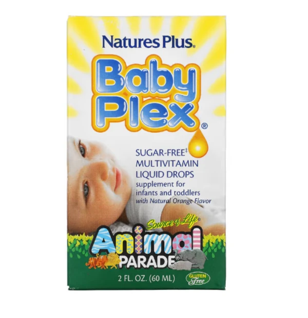 NaturesPlus, Source of Life, Animal Parade, Baby Plex, Sugar Free Multivitamin Liquid Drops, Natural Orange Flavor, 2 fl oz (60 ml)