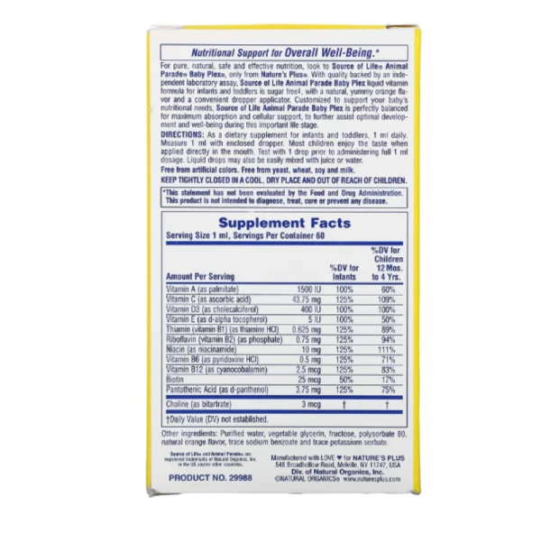 NaturesPlus, Source of Life, Animal Parade, Baby Plex, Sugar Free Multivitamin Liquid Drops, Natural Orange Flavor, 2 fl oz (60 ml)