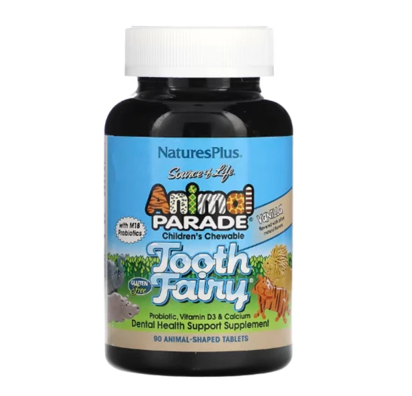 NaturesPlus, Source of Life, Animal Parade, Children's Chewable Tooth Fairy Probiotic, Vitamin D3 & Calcium, Vanilla, 90 Animal-Shaped Tablets