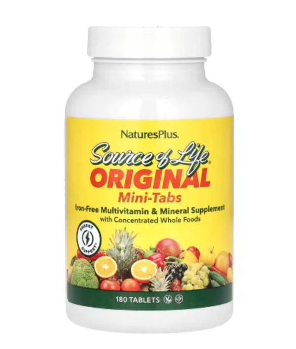 NaturesPlus, Source of Life, Original Mini-Tabs, Multivitamin & Mineral Supplement with Concentrated Whole Foods, Iron-Free, 180 Tablets