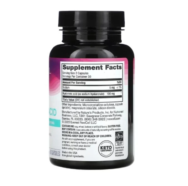 NeoCell, Hyaluronic Acid, 100 mg, 60 Capsules (50 mg per Capsule)