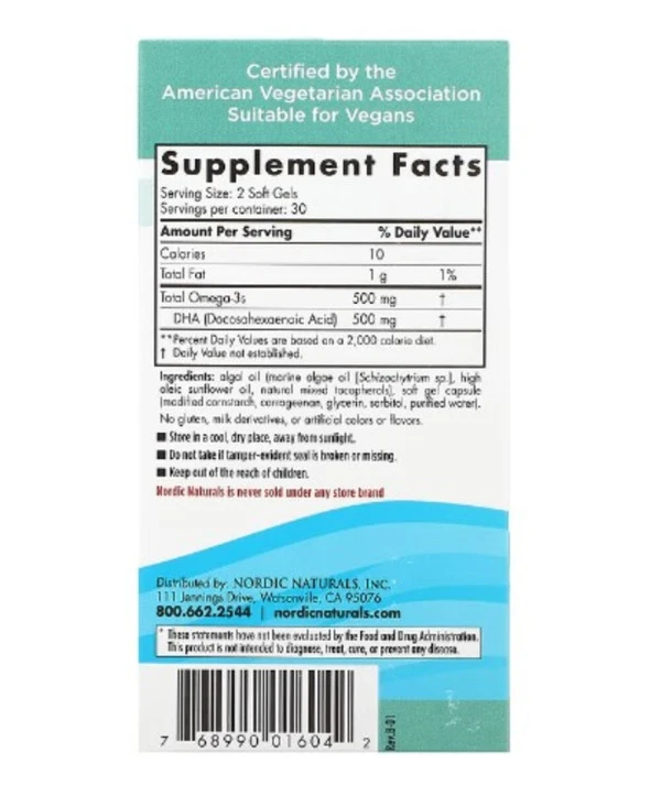 Nordic Naturals, Algae DHA, 500 mg, 60 Soft Gels (250 mg per Soft Gel )