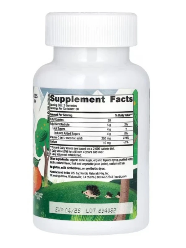 Nordic Naturals, Kids Vitamin C Gummies, Ages 4+, Tangy Tangerine, 250 mg, 60 Gummies (125 per Gummy)
