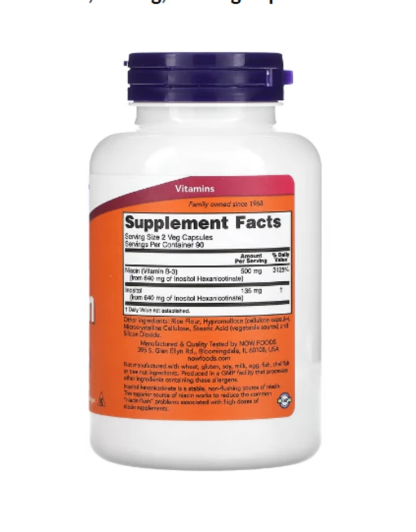 NOW Foods, Flush-Free Niacin, 250 mg, 180 Veg Capsules, Near EXP- Mar-2025