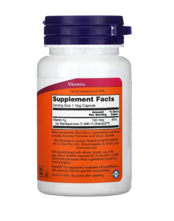 Now Foods, K2, MK-7 Vitamin K-2, 100 mcg, 60 Vcaps