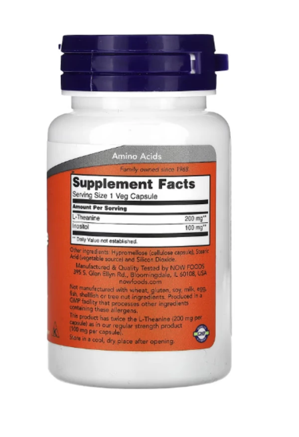 NOW Foods, L-Theanine, Double Strength, 200 mg, 60 Veg Capsules