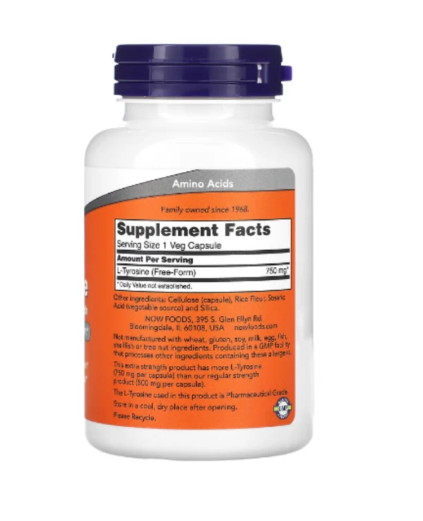 NOW Foods, L-Tyrosine, Extra Strength, 750 mg, 90 Veg Capsules, Near EXP - Feb-2025