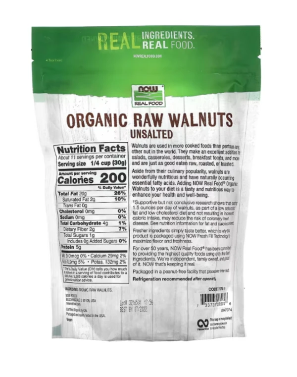 Now Foods, Real Food, Organic Raw Walnuts, Unsalted, 12 oz (340 g)