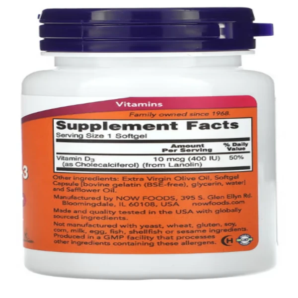 NOW Foods, Vitamin D-3, 400 IU, 180 Softgels