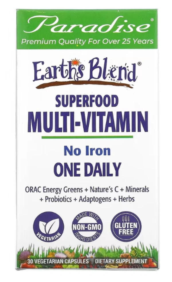 Paradise Herbs, Earth's Blend, One Daily Superfood Multi-Vitamin, No Iron, 30 Vegetarian Capsules
