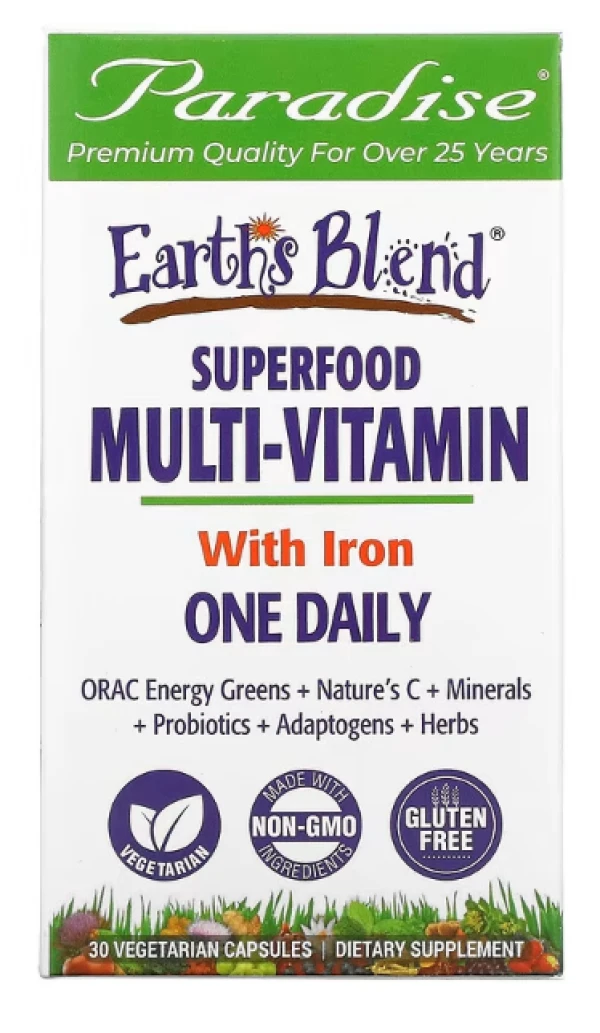 Paradise Herbs, Earth's Blend, One Daily Superfood Multi-Vitamin with Iron, 30 Vegetarian Capsules