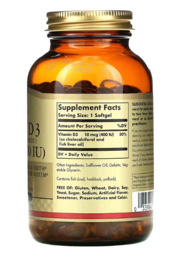 Solgar, Vitamin D3, 10 mcg (400 IU), 250 Softgels