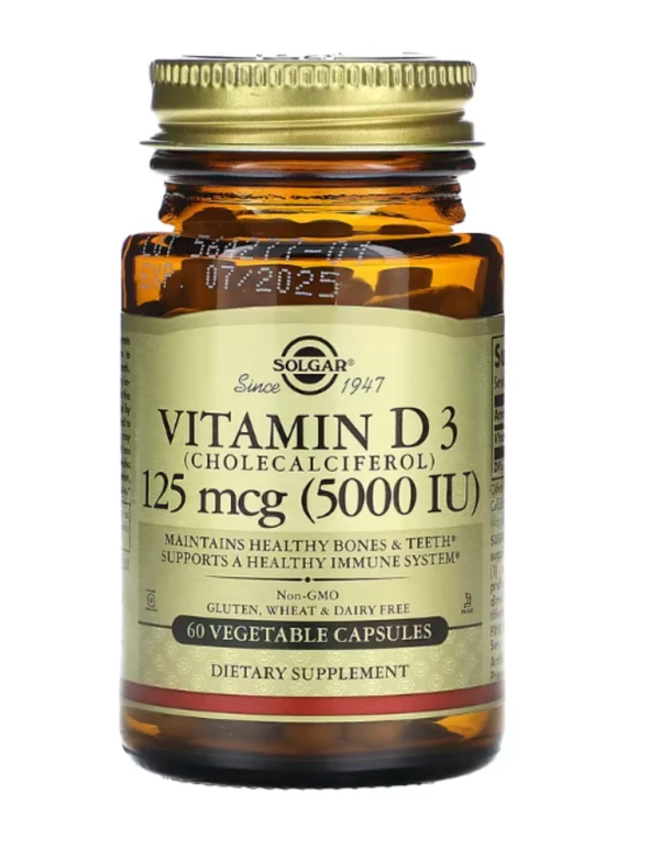 Solgar, Vitamin D3 (Cholecalciferol), 125 mcg (5,000 IU), 60 Vegetable Capsules