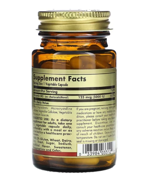 Solgar, Vitamin D3 (Cholecalciferol), 125 mcg (5,000 IU), 60 Vegetable Capsules