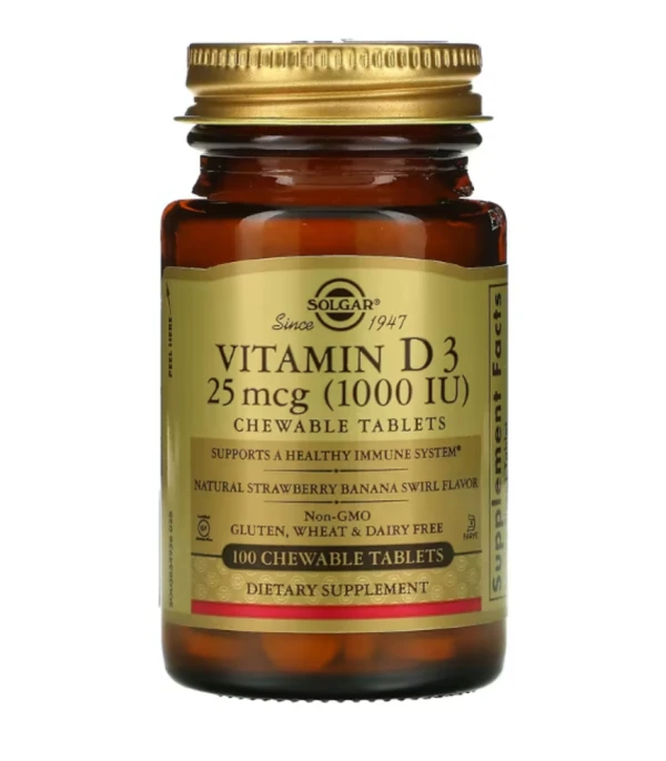 Solgar, Vitamin D3, Natural Strawberry Banana Swirl, 25 mcg (1,000 IU), 100 Chewable Tablets