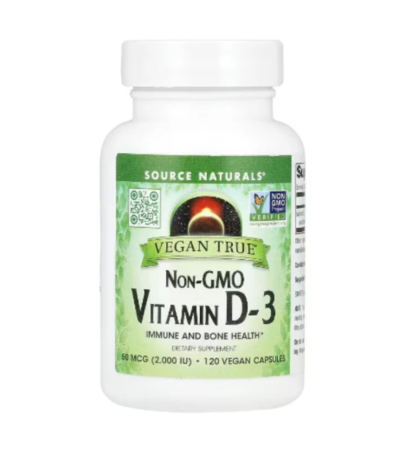 Source Naturals, Vegan True®, Non-GMO Vitamin D-3, 50 mcg (2,000 IU), 120 Vegan Capsules